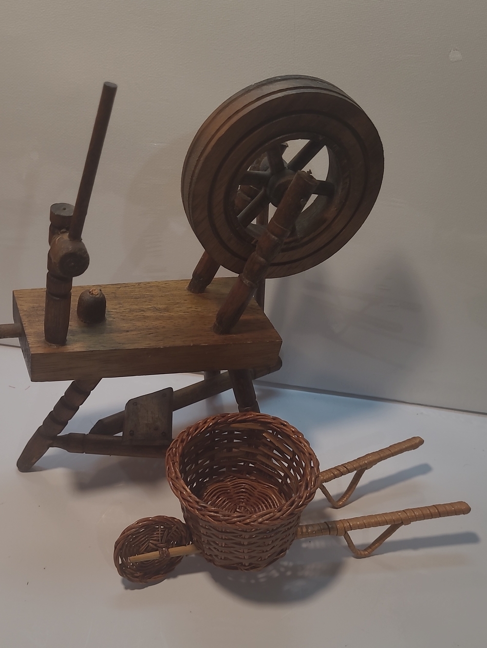 Handwoven Brown Mini Wheelbarrow Basket And Mini Wooden Spinning Wheel(imcomplet